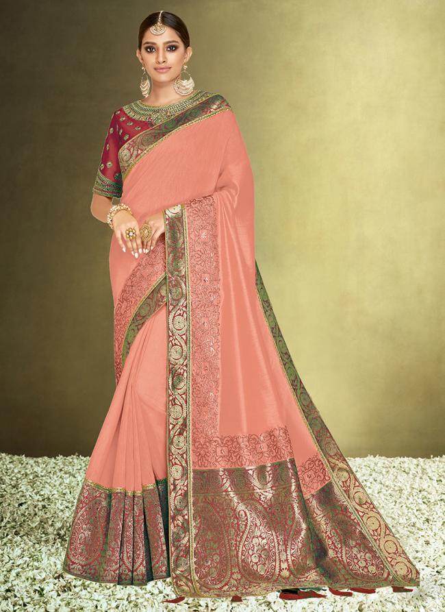 Sattin Silk Dusty Peach Wedding Wear Embroidery Work Saree